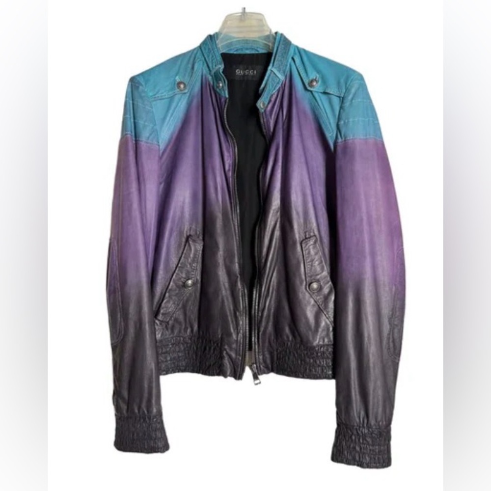 Gucci Ombre Leather Bomber Jacket in Teal & Purple